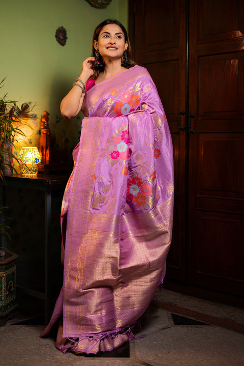 VastraLakshmi Glorious Lavender Soft Banarasi Silk Saree With Stunner Blouse Piece