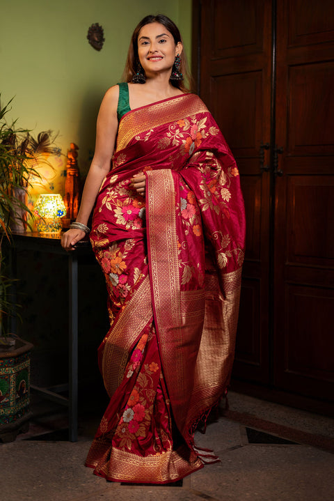 VastraLakshmi Assemblage Red Soft Banarasi Silk Saree With Dalliance Blouse Piece