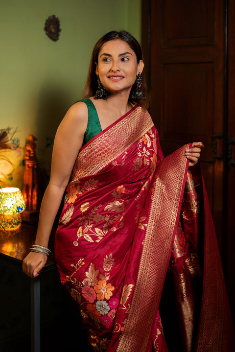 VastraLakshmi Assemblage Red Soft Banarasi Silk Saree With Dalliance Blouse Piece