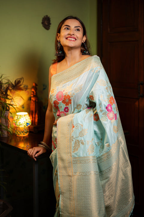 VastraLakshmi Evocative Sky Soft Banarasi Silk Saree With Petrichor Blouse Piece