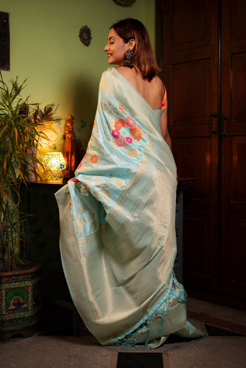 VastraLakshmi Evocative Sky Soft Banarasi Silk Saree With Petrichor Blouse Piece