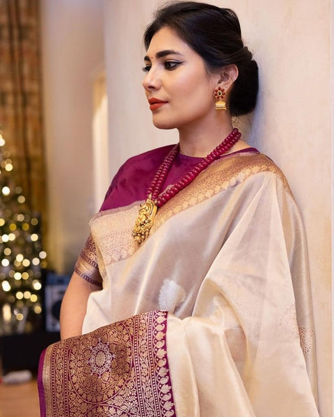 VastraLakshmi Demanding Beige Soft Banarasi Silk Saree With Adorable Blouse Piece