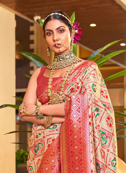 VastraLakshmi Trendy Beige Patola Silk Saree with Innovative Blouse Piece