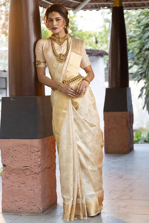 VastraLakshmi Winsome Beige Soft Banarasi Silk Saree With Tempting Blouse Piece