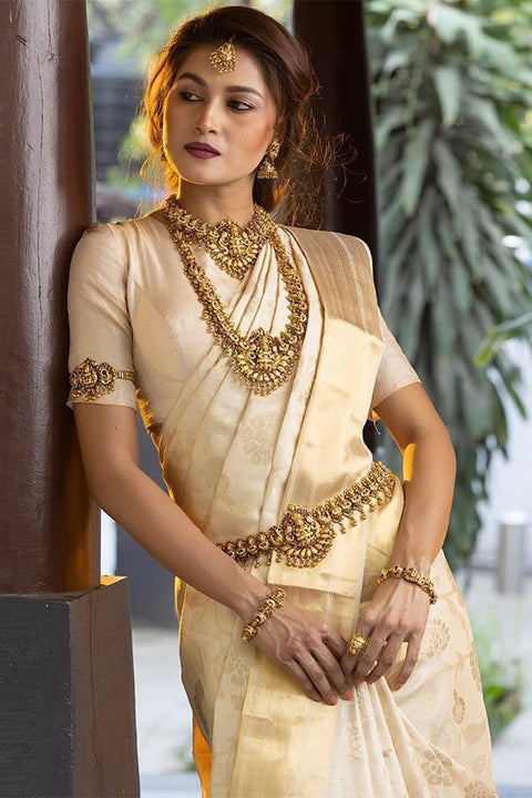 VastraLakshmi Winsome Beige Soft Banarasi Silk Saree With Tempting Blouse Piece