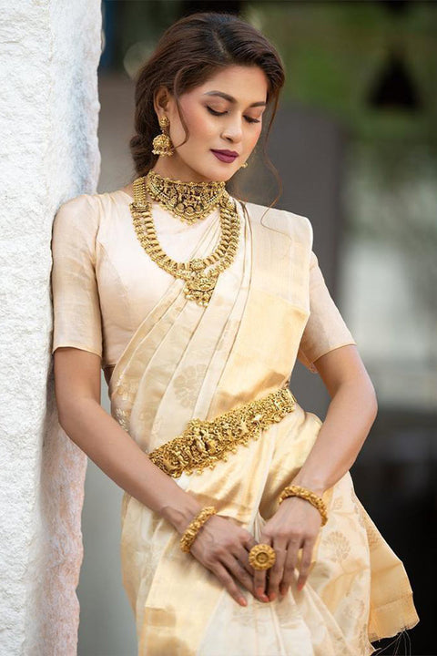 VastraLakshmi Winsome Beige Soft Banarasi Silk Saree With Tempting Blouse Piece