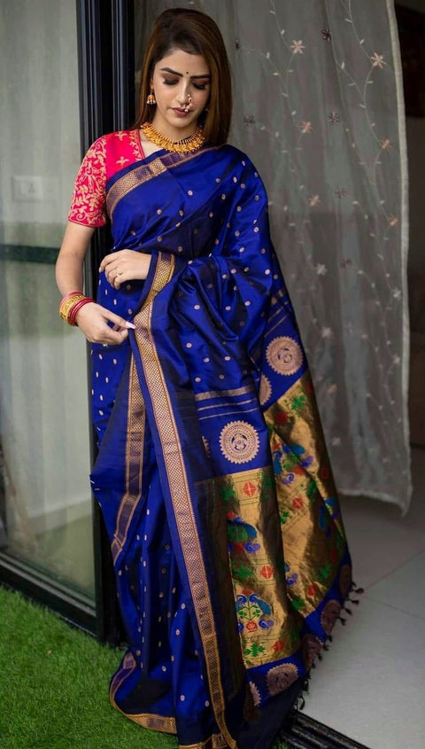 VastraLakshmi Designer Royal Blue Paithani Silk Saree With Flameboyant Blouse Piece