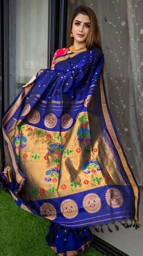 VastraLakshmi Designer Royal Blue Paithani Silk Saree With Flameboyant Blouse Piece