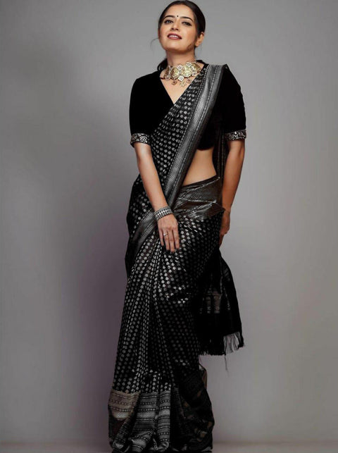 VastraLakshmi Tempting Black Soft Silk Saree With Devastating Blouse Piece