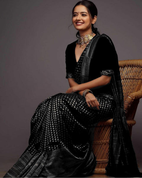 VastraLakshmi Tempting Black Soft Silk Saree With Devastating Blouse Piece