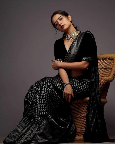 VastraLakshmi Tempting Black Soft Silk Saree With Devastating Blouse Piece