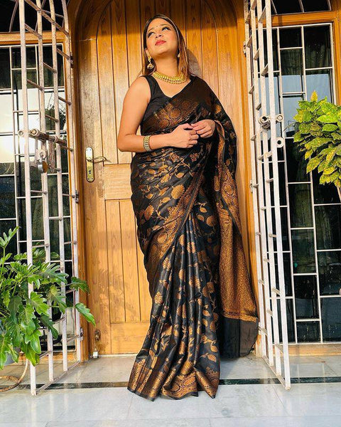 VastraLakshmi Palimpsest Black Soft Silk Saree With Magnetic Blouse Piece