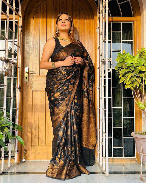 VastraLakshmi Palimpsest Black Soft Silk Saree With Magnetic Blouse Piece