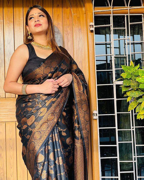 VastraLakshmi Palimpsest Black Soft Silk Saree With Magnetic Blouse Piece