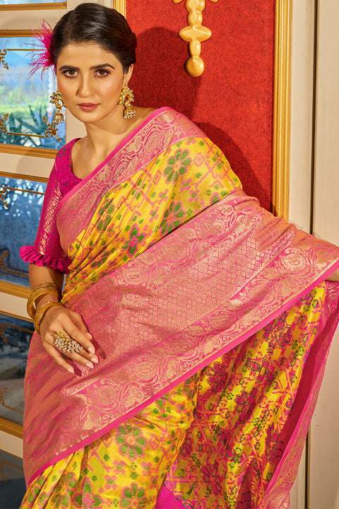 VastraLakshmi Fugacious Yellow Patola Silk Saree with Dalliance Blouse Piece