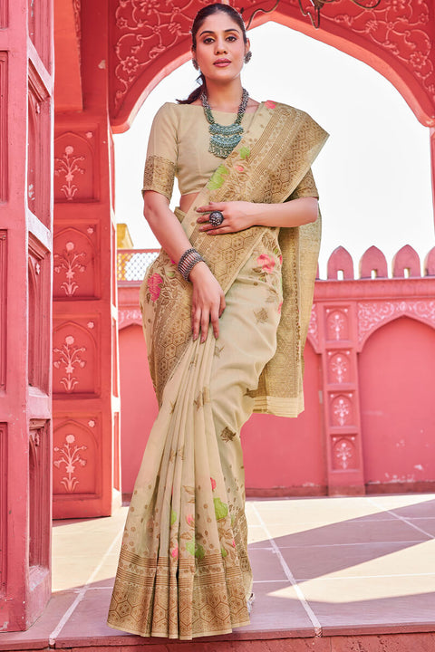 VastraLakshmi Invaluable Beige Cotton Silk Saree With Blooming Blouse Piece