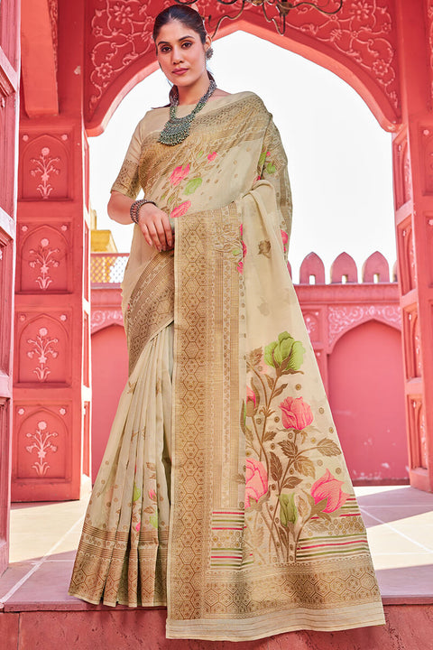 VastraLakshmi Invaluable Beige Cotton Silk Saree With Blooming Blouse Piece