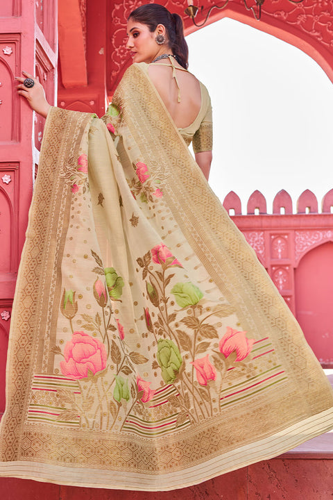 VastraLakshmi Invaluable Beige Cotton Silk Saree With Blooming Blouse Piece