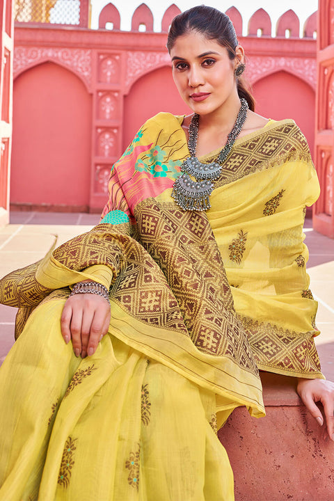 VastraLakshmi Splendiferous Yellow Cotton Silk Saree With Luxuriant Blouse Piece