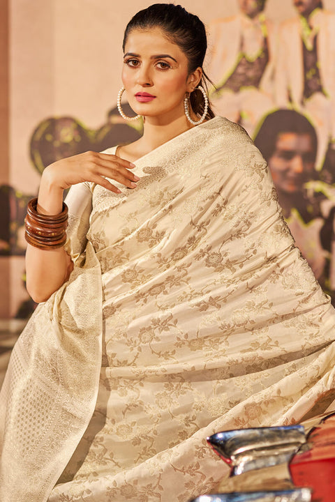 VastraLakshmi Engrossing Beige Soft Banarasi Silk Saree With Deserving Blouse Piece