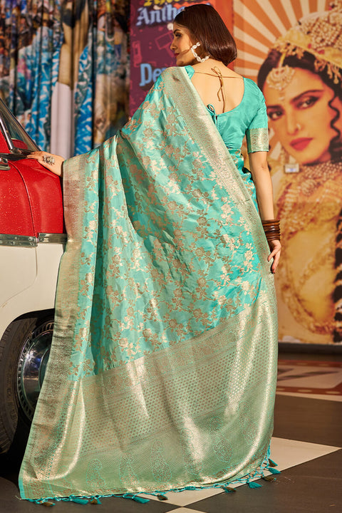 VastraLakshmi Outstanding Sea Green Soft Banarasi Silk Saree With Surpassing Blouse Piece