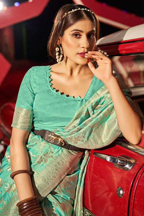 VastraLakshmi Outstanding Sea Green Soft Banarasi Silk Saree With Surpassing Blouse Piece