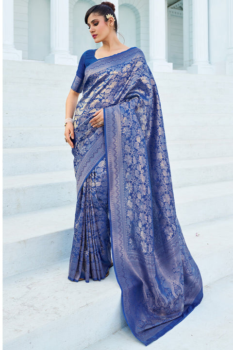 VastraLakshmi Pretty Blue Kanjivaram Silk Saree With Innovative Blouse Piece