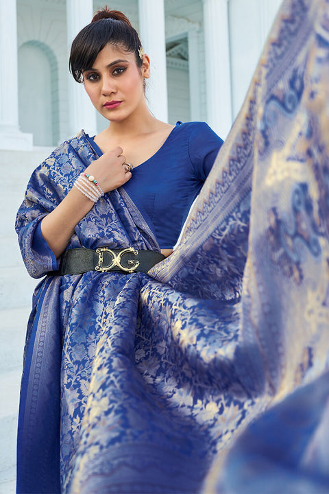 VastraLakshmi Pretty Blue Kanjivaram Silk Saree With Innovative Blouse Piece