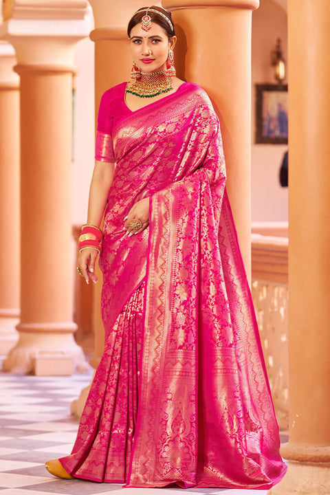 VastraLakshmi Designer Dark Pink Kanjivaram Silk Saree With Ethnic Blouse Piece