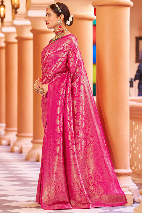 VastraLakshmi Designer Dark Pink Kanjivaram Silk Saree With Ethnic Blouse Piece