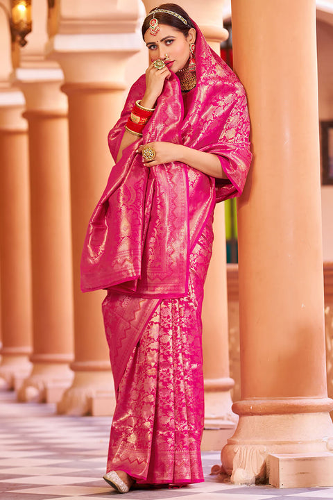 VastraLakshmi Designer Dark Pink Kanjivaram Silk Saree With Ethnic Blouse Piece