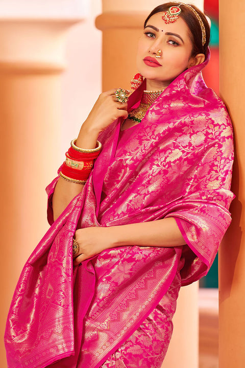 VastraLakshmi Designer Dark Pink Kanjivaram Silk Saree With Ethnic Blouse Piece