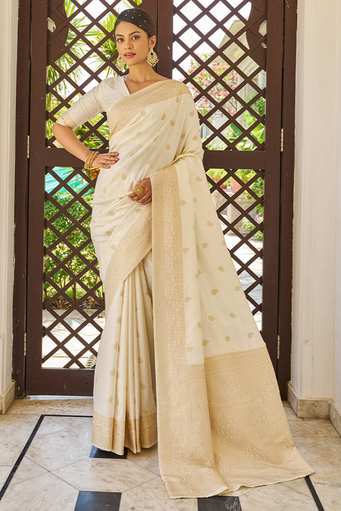 VastraLakshmi Evocative Beige Kanjivaram Silk Saree With Dissemble Blouse Piece