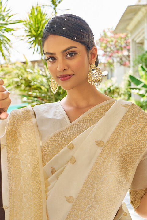 VastraLakshmi Evocative Beige Kanjivaram Silk Saree With Dissemble Blouse Piece