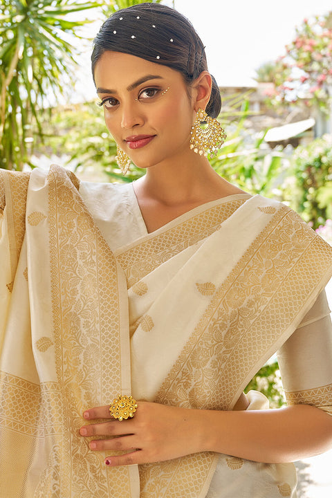 VastraLakshmi Evocative Beige Kanjivaram Silk Saree With Dissemble Blouse Piece