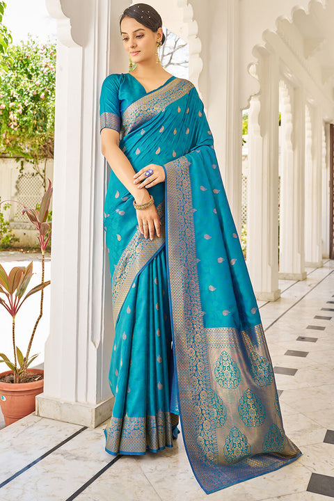 VastraLakshmi Cynosure Firozi Kanjivaram Silk Saree With Comely Blouse Piece