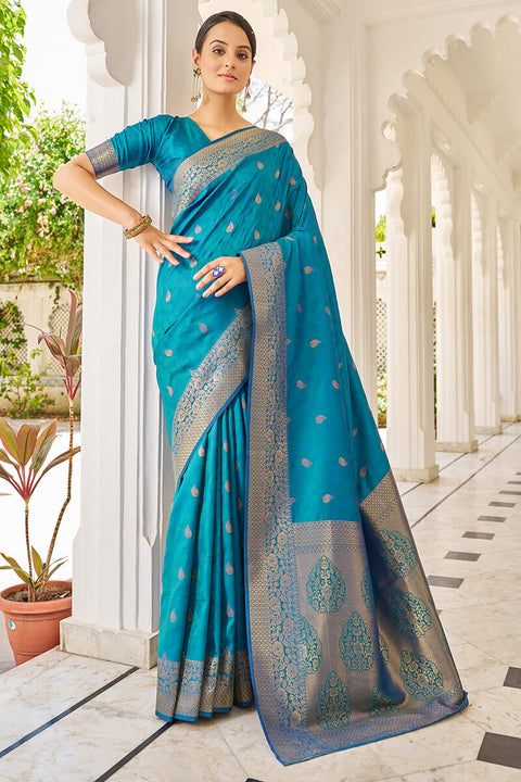 VastraLakshmi Cynosure Firozi Kanjivaram Silk Saree With Comely Blouse Piece