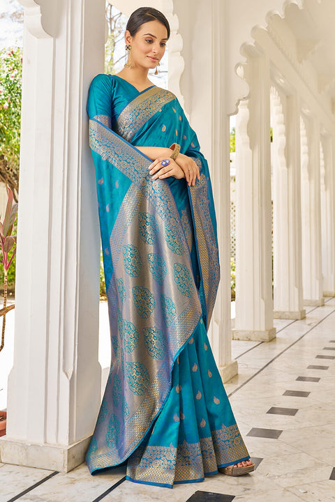 VastraLakshmi Cynosure Firozi Kanjivaram Silk Saree With Comely Blouse Piece