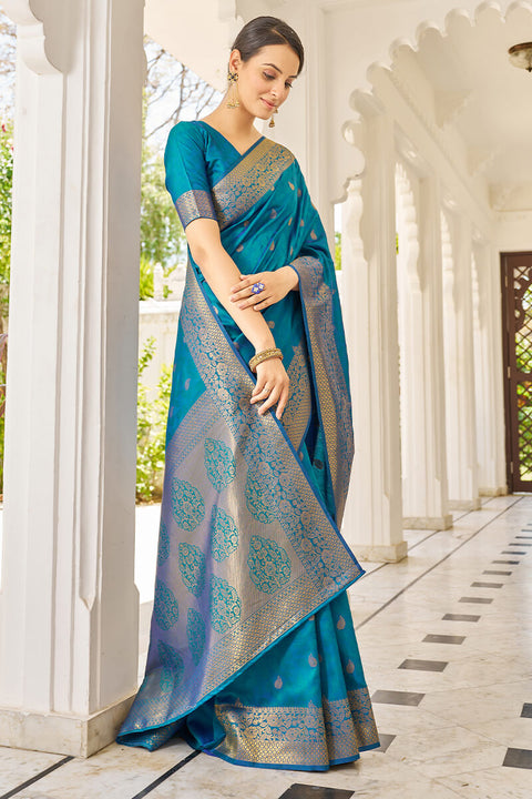 VastraLakshmi Cynosure Firozi Kanjivaram Silk Saree With Comely Blouse Piece