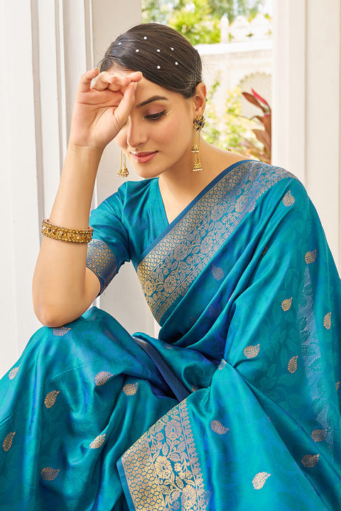 VastraLakshmi Cynosure Firozi Kanjivaram Silk Saree With Comely Blouse Piece