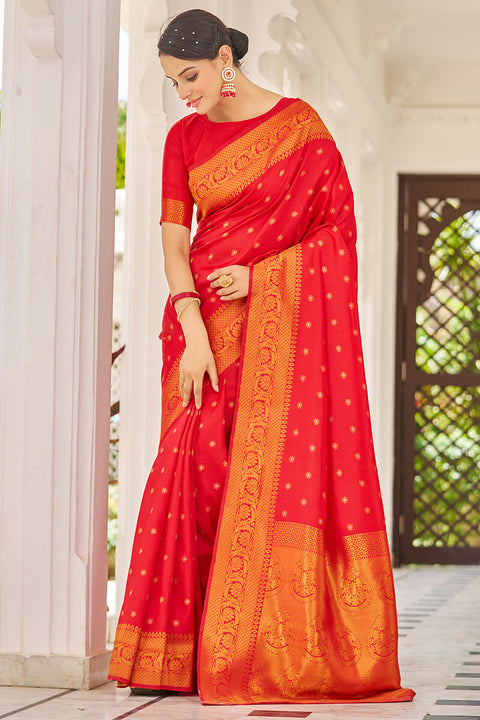 VastraLakshmi Breathtaking Red Kanjivaram Silk Saree With Demanding Blouse Piece