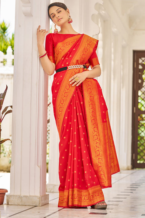 VastraLakshmi Breathtaking Red Kanjivaram Silk Saree With Demanding Blouse Piece