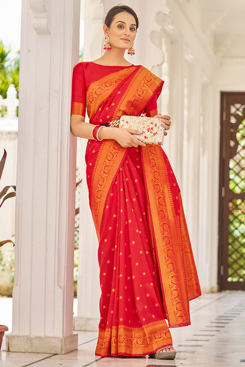 VastraLakshmi Breathtaking Red Kanjivaram Silk Saree With Demanding Blouse Piece