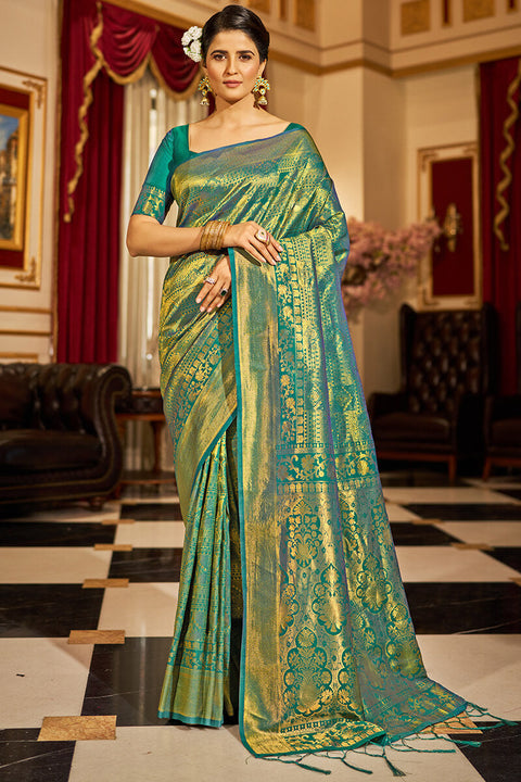 VastraLakshmi Demure Rama Kanjivaram Silk Saree With Evocative Blouse Piece