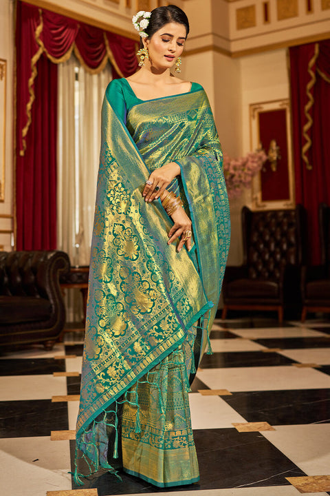 VastraLakshmi Demure Rama Kanjivaram Silk Saree With Evocative Blouse Piece