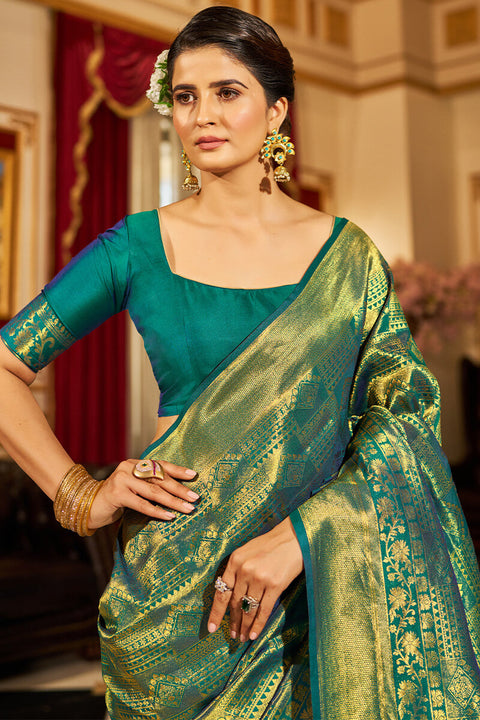 VastraLakshmi Demure Rama Kanjivaram Silk Saree With Evocative Blouse Piece