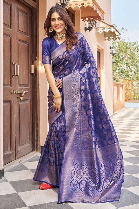 VastraLakshmi Blissful Navy Blue Kanjivaram Silk Saree With Chatoyant Blouse Piece