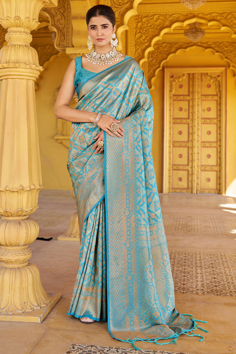 VastraLakshmi Comely Firozi Kanjivaram Silk Saree With Epiphany Blouse Piece