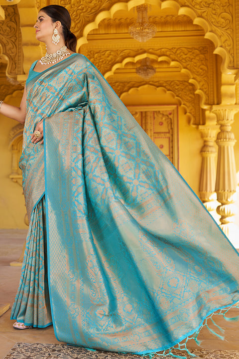 VastraLakshmi Comely Firozi Kanjivaram Silk Saree With Epiphany Blouse Piece