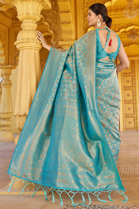 VastraLakshmi Comely Firozi Kanjivaram Silk Saree With Epiphany Blouse Piece